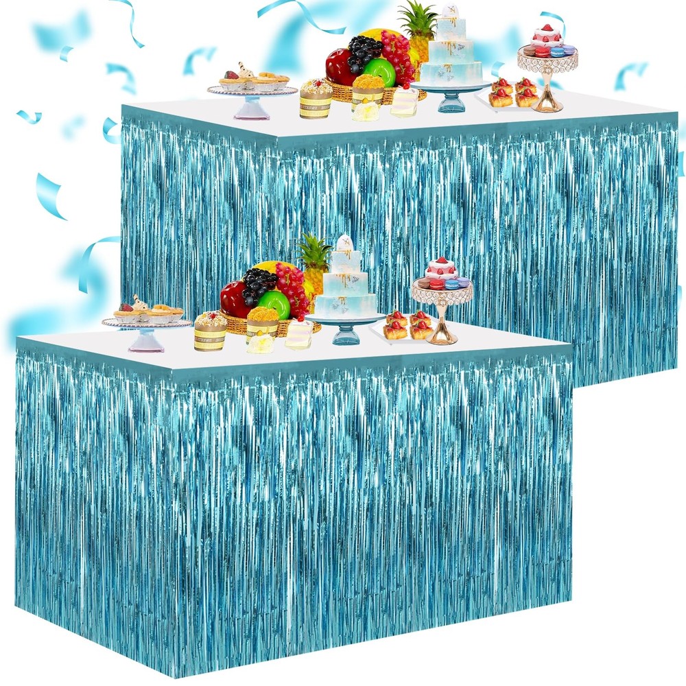 2 Pack Metallic Foil Fringe Tinsel Table Skirts for Rectangle Tables Hotel