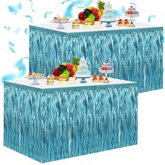 2 Pack Metallic Foil Fringe Tinsel Table Skirts for Rectangle Tables Hotel
