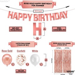 Rose Gold Birthday Decorations Set – Pack of 47, Balloons, Pompoms, Banner