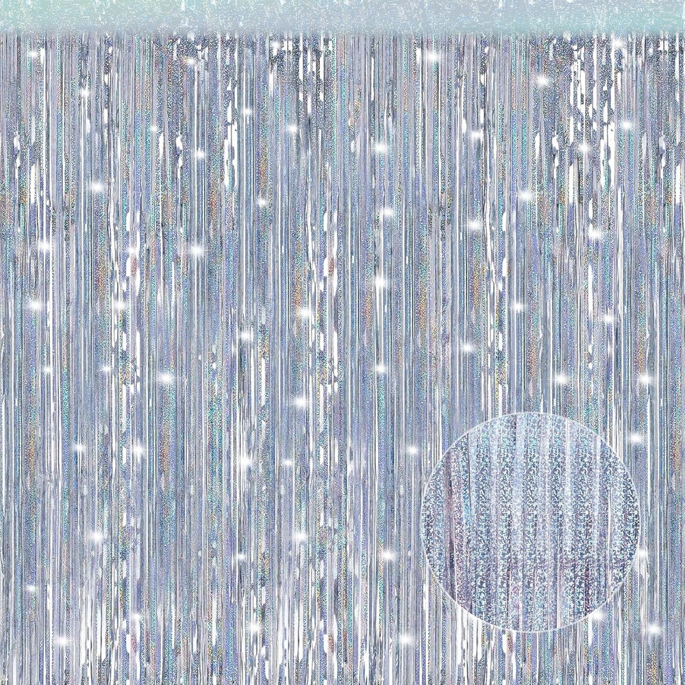 2 Pack 3.3 X 9.9 Ft Laser Silver Foil Fringe Curtains Party Decorations,Tinsel C