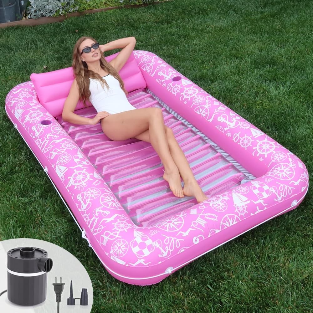 Inflatable Tanning Pool Lounger Float w/Reflective Base Electric Pump Include…