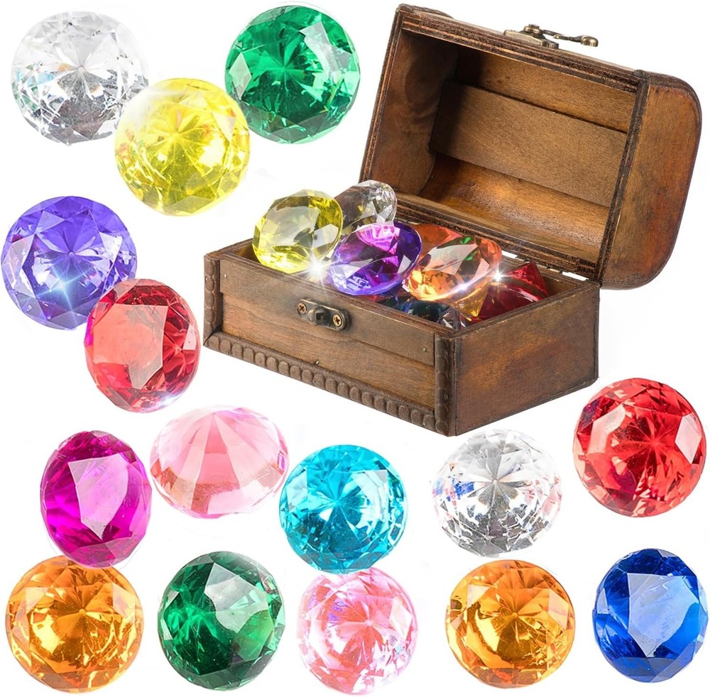 Diving Gem Pool Toy Set 15 Colorful Diamonds with Pirate Treasure Chest Box