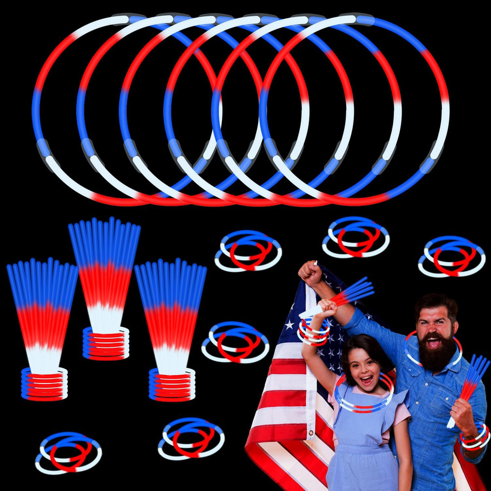 Fourth of July Glow Sticks – 100 PCS Red White Blue Party Favors for Kids