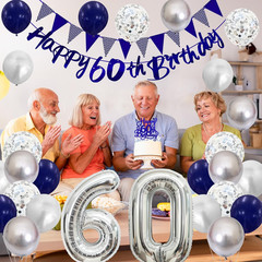 60Th Birthday Decorations for Men Women, Blue Silver White Birthday Balloons, Bl
