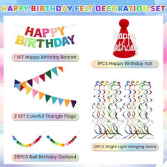 Pre Strung Happy Birthday Banner Set – Felt Ball Garland, Felt Birthday Hat and