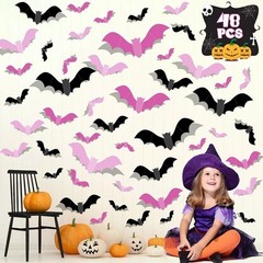 24/48 Pcs Pink 3D Bat Wall Stickers Halloween Window Party Decorations