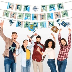 52 PCS Travel Themed Party Decorations Set Let the Adventure Begin Banner Center