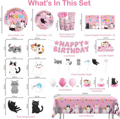 213Pcs Cat Birthday Decorations, Complete Paper Tableware Set Includes 350Gsm Pl
