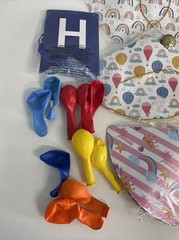 Assorted Children’s Birthday Party Supplies Various Cone Hats, balloons, garland