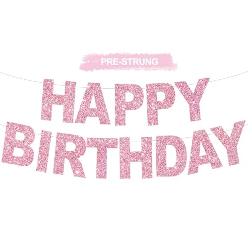 Happy Birthday Banner – Pre-Strung No DIY Birthday Decorations – Happy pink