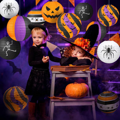 Halloween Party Decorations, Black Orange Purple Hanging Spider Bat Pumpkin Skel