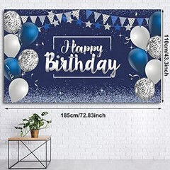 Blue Silver Happy Birthday Decorations Banner Backdrop for Men Women Boys Girls