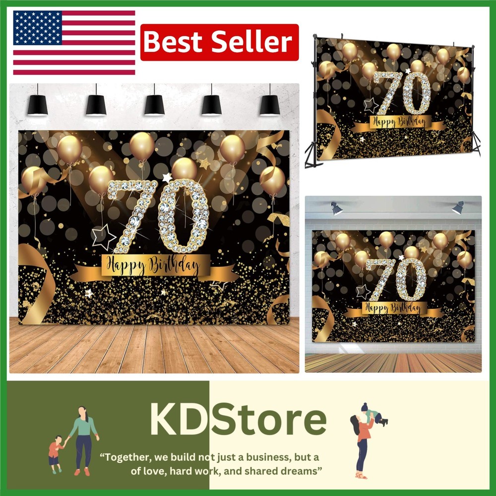 Chic 70th Birthday Backdrop – Black and Gold for Fabulous Celebrations, 7x5ft