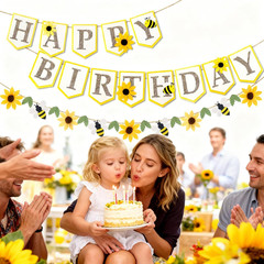 Bee Birthday Party Decorations Bumble Bee Felt Happy Birthday Banner with Sunflo