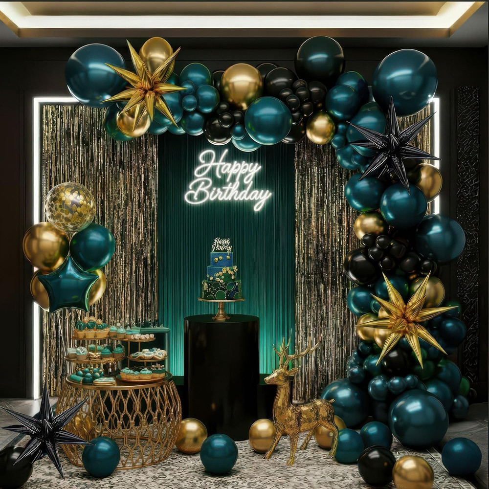 Chrome Dark Teal and Gold Black Balloon Garland Kit 170Pcs Double-Stuffed Navy