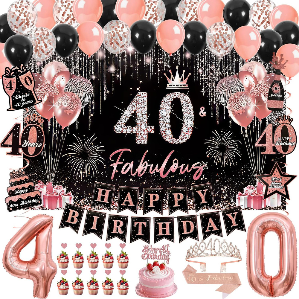 40Th Birthday Decorations for Women, 50Pcs Rose Gold Black 40Th Birthday Decorat