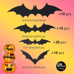 60 PCS Halloween Bats Decoration, 4 Different Sizes Realistic PVC Black 3D Scary