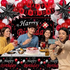 Red Birthday Decorations for Men Women Boys Girls, 75 PCS Red and Black Party