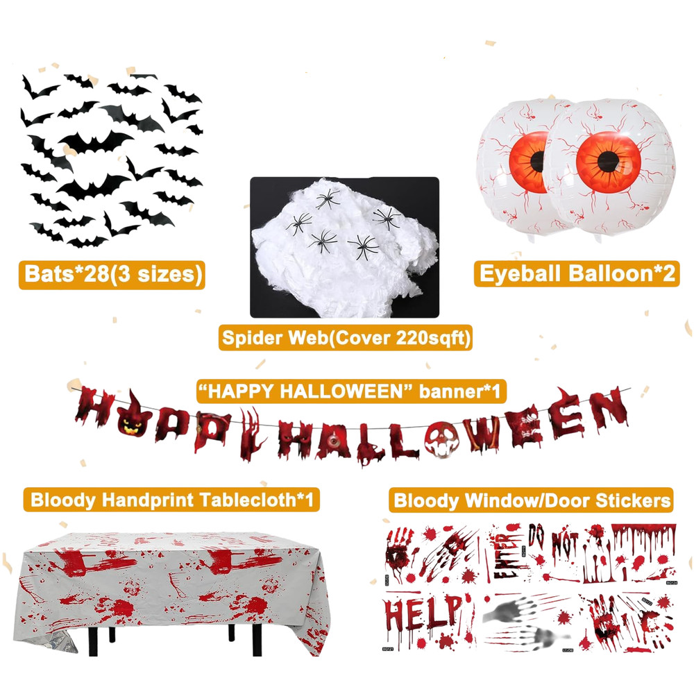 Halloween Party Decor Kit Eyeball Balloon Bloody Sticker Bat Banner Tablecloth