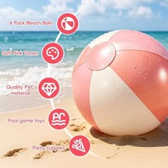 6 Pieces Beach Balls Bulk- 17 Inch Inflatable Pool Balls, PVC Pink and White
