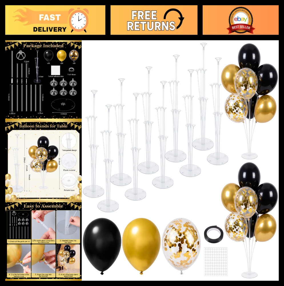 10 Balloon Stand Kits with Black Gold Balloons – Centerpiece Decor for Parties