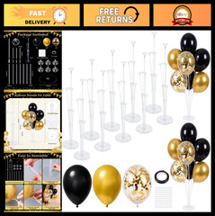 10 Balloon Stand Kits with Black Gold Balloons – Centerpiece Decor for Parties