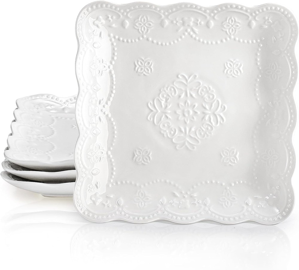Tebery Set of 4 Square Embossed Ceramic Plate, 10 10 Inch Large, Ivory White