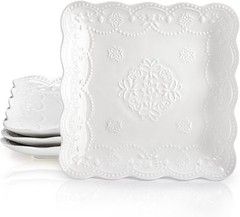 Tebery Set of 4 Square Embossed Ceramic Plate, 10 10 Inch Large, Ivory White