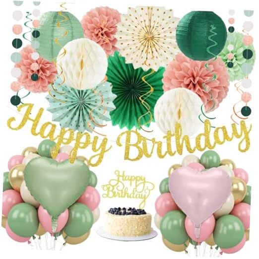 Sage Green Pink Birthday Decorations – 62pcs Happy Birthday Pink Green Gold