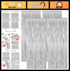 4 Pack Metallic Silver Party Decorations, Tinsel Backdrop & Photo Booth Props, 2