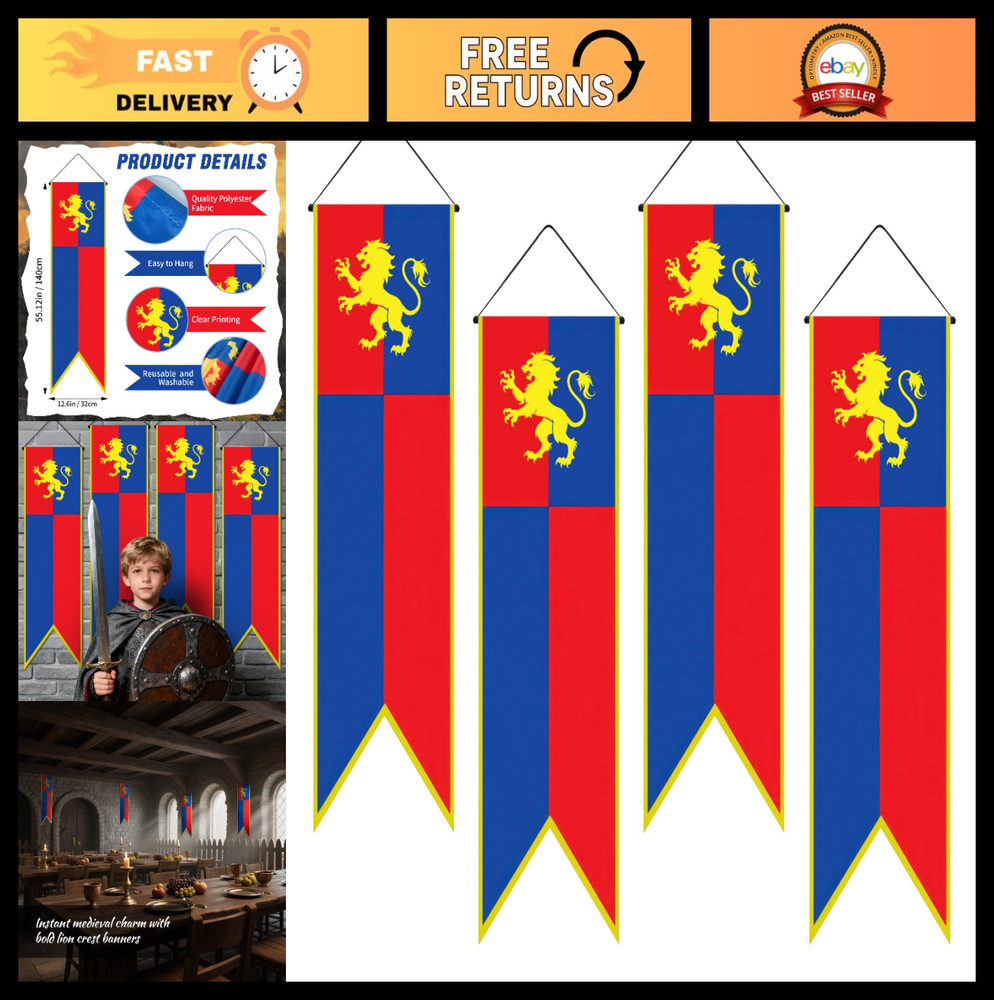 Medieval Castle Party Banners – 4.6ft Lion Vertical Flags for Knight Theme Decor