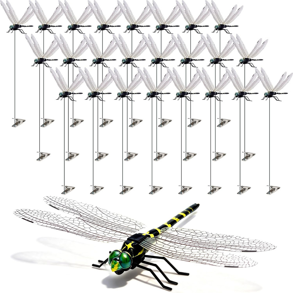 24 Pack 3D Dragonfly Clips, Fake Dragonflies with Stakes, Realistic Plastic Drag