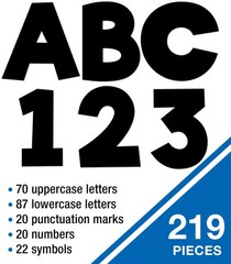 219-Piece Black Cutout Letters 4″ Upper Lowercase Alphabet Numbers Punctuation