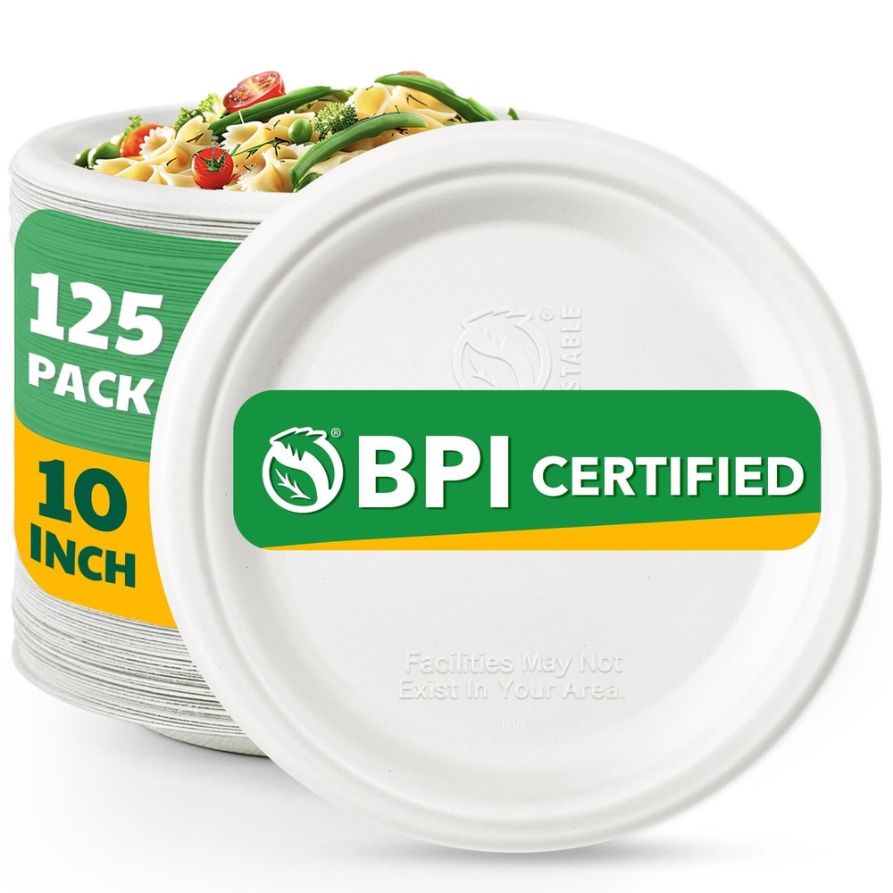 100% Compostable Paper Plates, 10 Inch, 125 Count, Biodegradable Bagasse Plat…