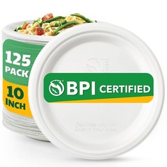 100% Compostable Paper Plates, 10 Inch, 125 Count, Biodegradable Bagasse Plat…