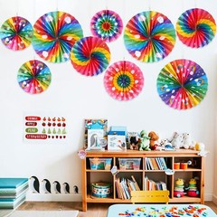 Outus 9 Pcs Rainbow Party Decorations Paper Fans Boho Classroom Decorations…