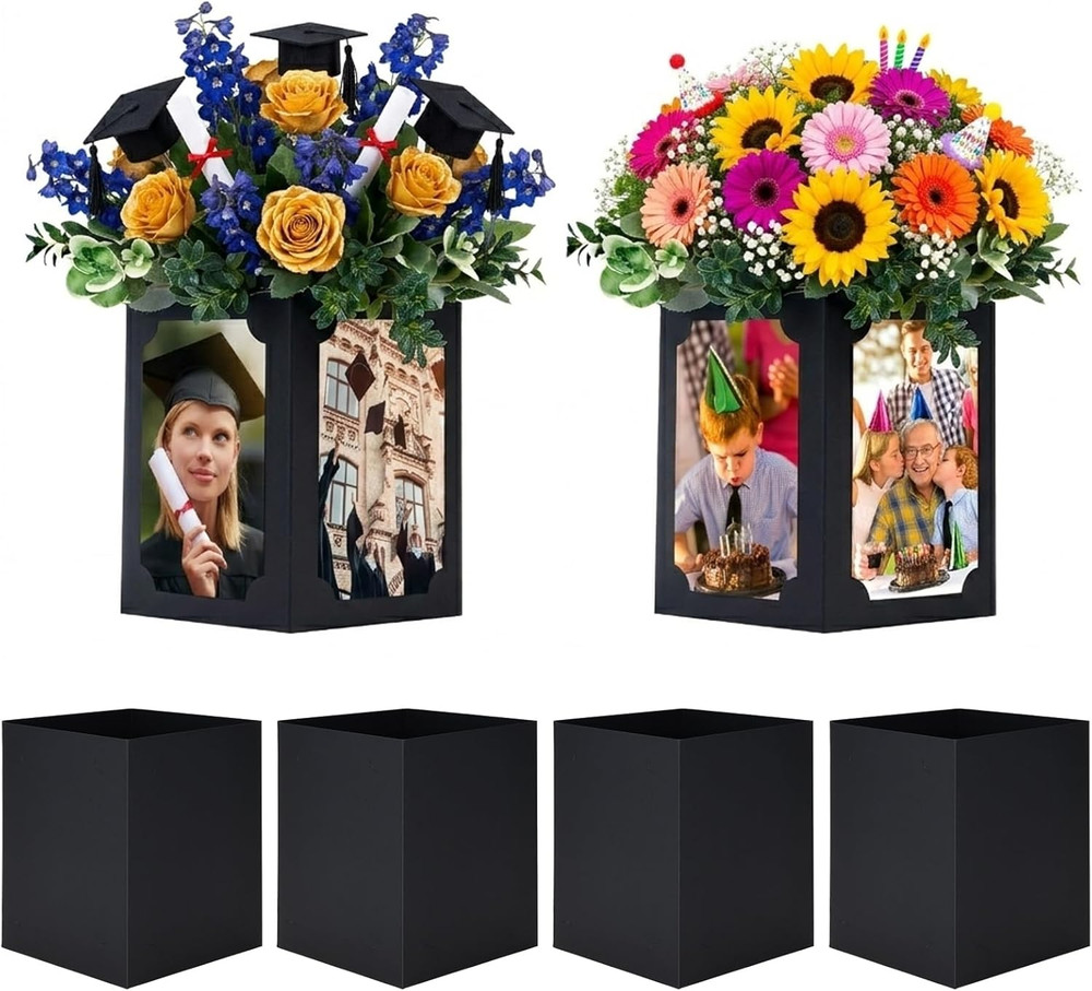 6 Pack Picture Centerpieces for Table, 4-Sided 4X6 Photo Display Boxes, Hollow C
