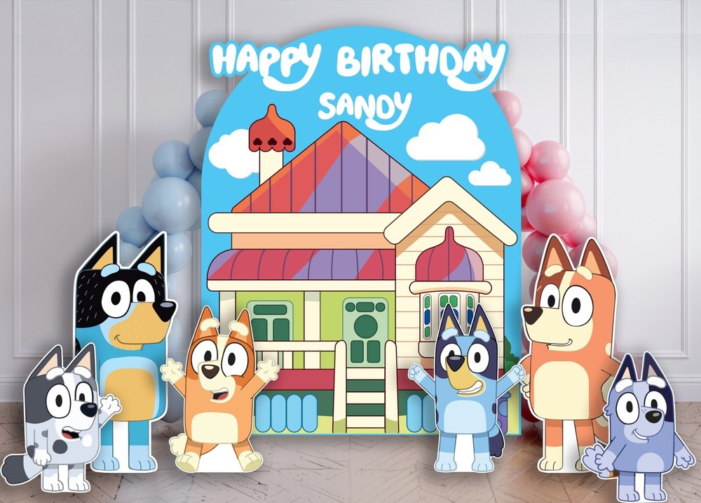 Bluey Family Prop &Backdrop,Bandit, Chilli, Bingo, Bluey, Socks & Muffin cutouts