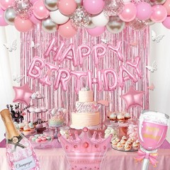 Pink Birthday Party Decorations Kit for Girls Women with Banner Foil Balloons