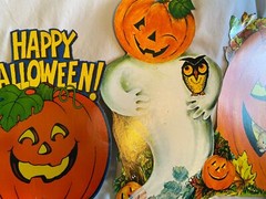 Vintage 10 Halloween Cardboard Diecut Decorations Witch Pumpkin Raccoon Skull ++