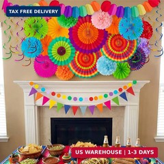 35PCS Fiesta Paper Fan Party Decorations Set – Cinco De Mayo Pom Poms,Pre-assemb
