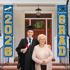 Graduation Decorations Class of 2026, Blue & Gold Congrats Grad Banner Hanging F