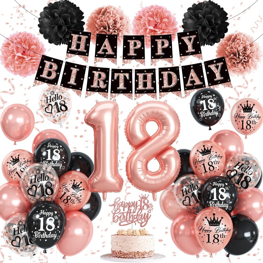 18th Birthday Decorations for Girls, Rose Gold Black Confetti Latex Balloons …