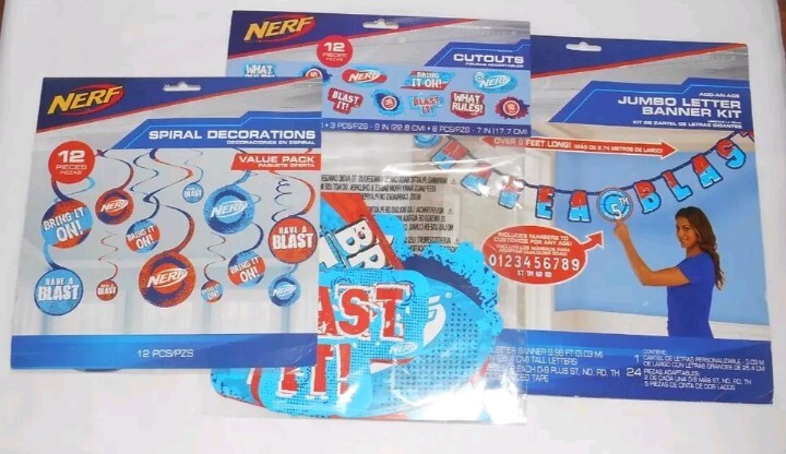 NERF Party! 1 Banner Kit, 2 pkg. 12 CUTOUTS, 3 pkg. 12 SPIRAL DECORATIONS NIP