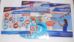 NERF Party! 1 Banner Kit, 2 pkg. 12 CUTOUTS, 3 pkg. 12 SPIRAL DECORATIONS NIP