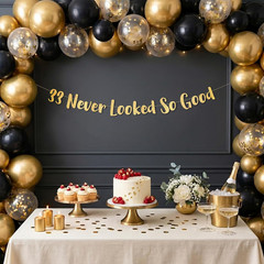 Pre-Strung 33 Never Looked so Good Gold Glitter Banner – 33Rd Birthday and Anniv