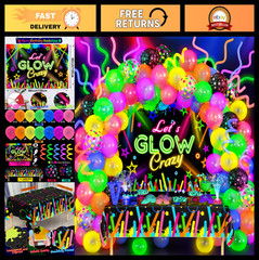 161Pcs Neon Party Decorations – Glow in the Dark Balloons, Arch Kit & Tablecloth