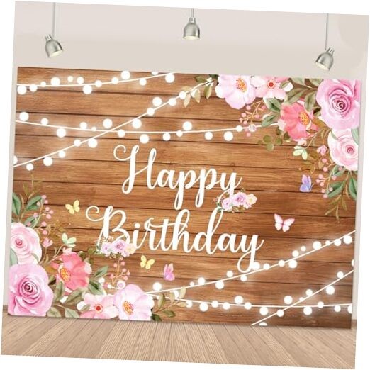 Rustic Wooden Happy Birthday Banner for Women Glitter Lights 5.9 x 3.6 ft Brown
