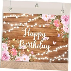Rustic Wooden Happy Birthday Banner for Women Glitter Lights 5.9 x 3.6 ft Brown