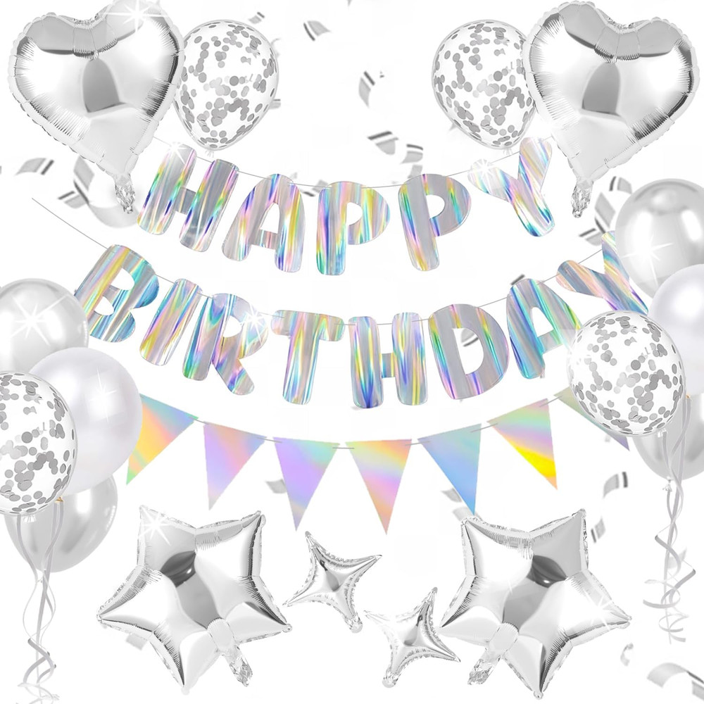 Silver Happy Birthday Decorations Kit, Iridescent Happy Birthday Banner and Penn